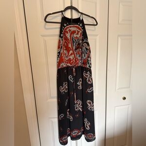 LOFT size large. Paisley navy/coral Halter Maxi/midiDress EUC